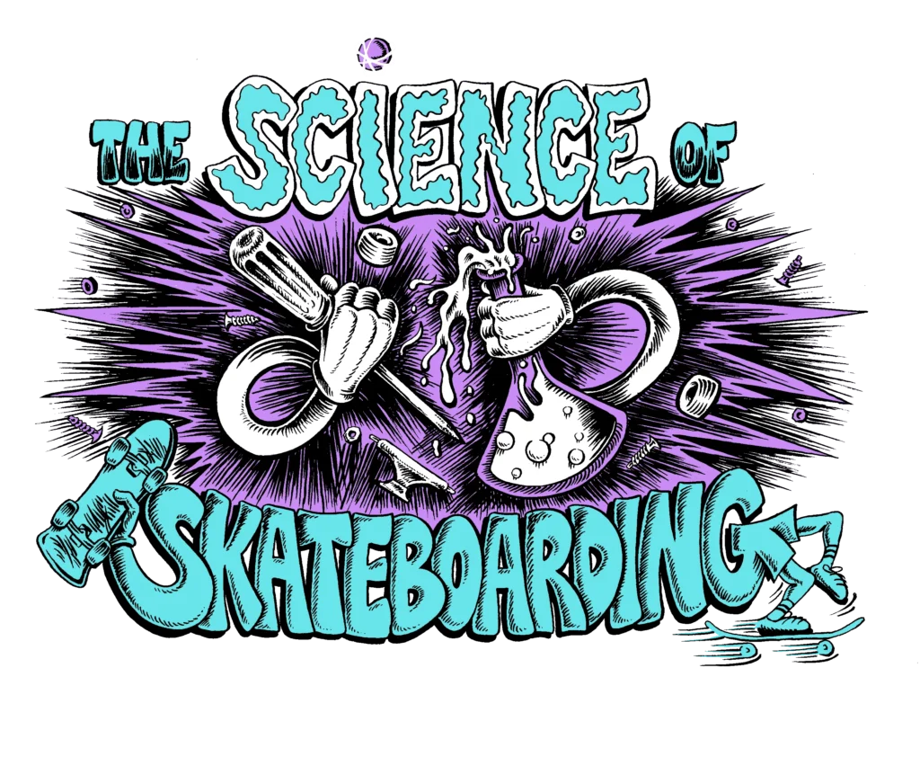 Science of Skateboarding graphic with two hands holing a beaker full of boiling liquid and a screwdriver.