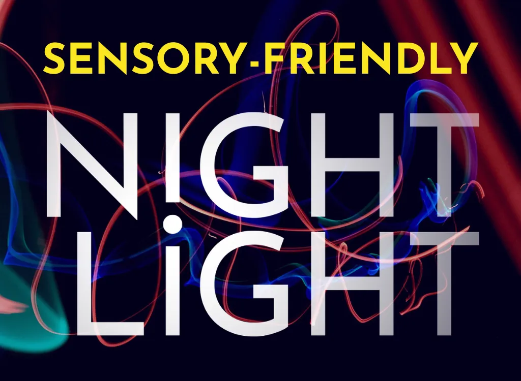 Sensory Friendly Night Light text against a background of swirling color