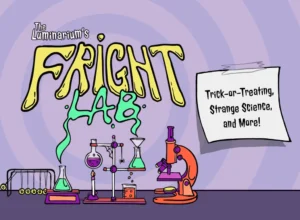Illustration of a laboratory screen with a microscope and checmicals in glass. Text overlay says Fright Lab: Treating, Strange Science, and More.