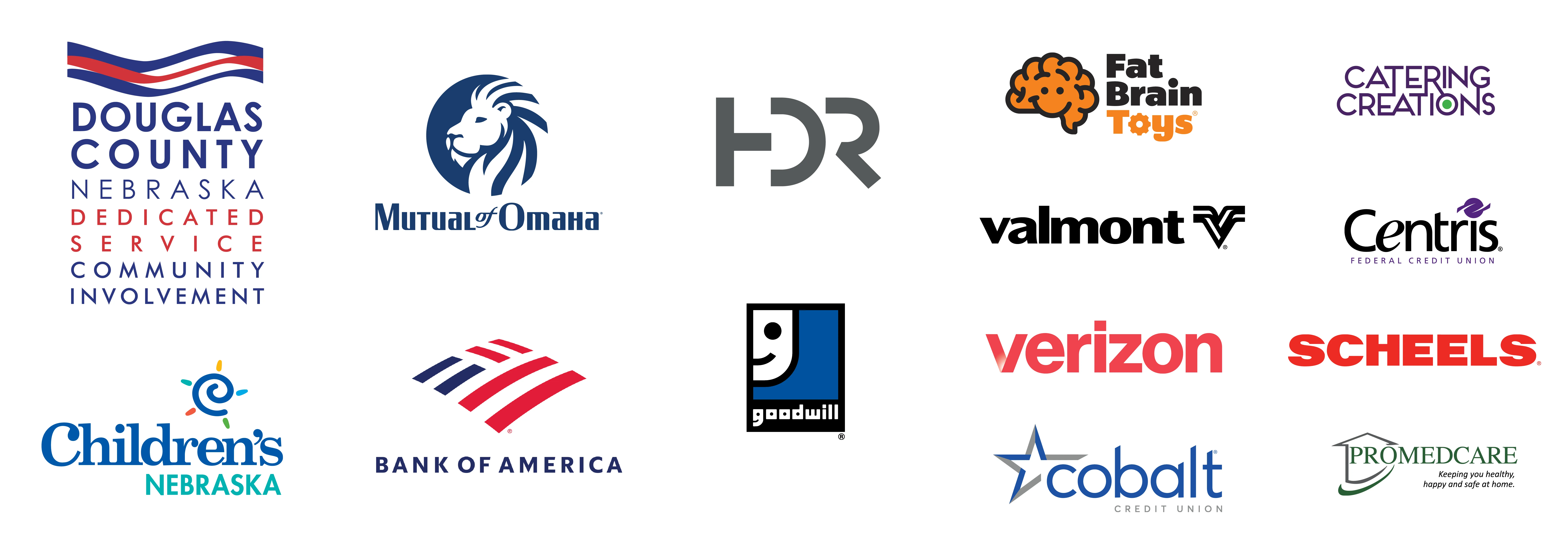 Logos for: Douglas County, Children's Nebraska, Mutual of Omaha, Bank of America, HDR, Goodwill, Fat Brain Toys, Valmont, Verizon, Cobalt Credit Union, Catering Creations, Centris Federal Credit Union, Scheels, Promedcare