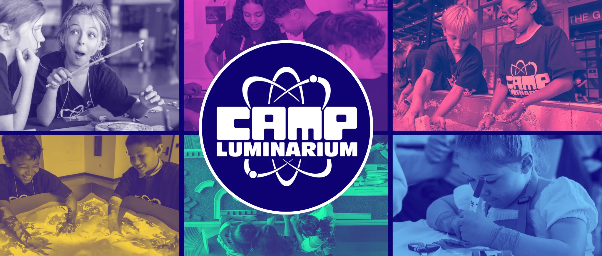 Colorful six-panel collage of children exploring science, art, and technology, centered on the CAMP LUMINARIUM logo;